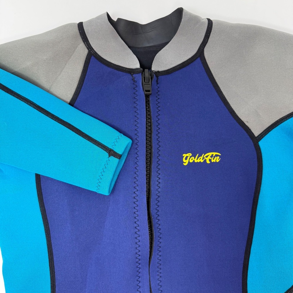 GoldFin Womens Wetsuit Top Blue Cyan Grey Long Sleeve Front Zip Neoprene Large